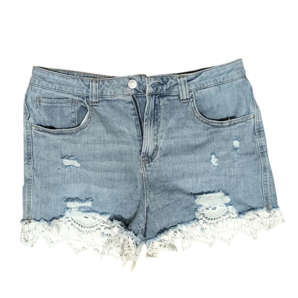 Stylish‎ Blue Denim Shorts with Lace Detail